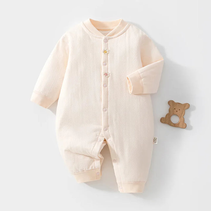 Newborn Baby Warm Romper Long Sleeve Lightly Padded Onesie Floral Embroidery Infant Jumpsuit Unisex 0-18M Autumn Winter