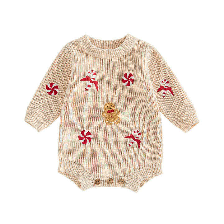 FOCUSNORM 0-18M Lovely Baby Girls Christmas Sweater Romper Candy Cane Gingerbread Man Embroidery Crew Neck Long Sleeve Jumpsuits