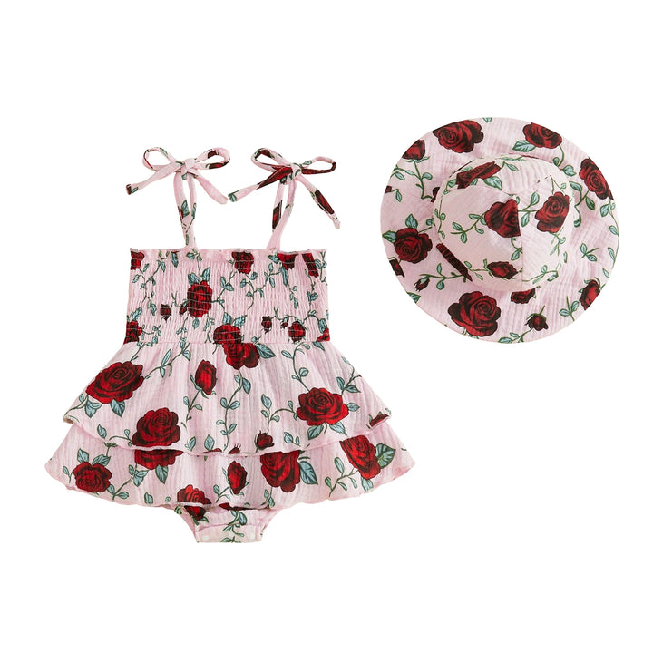 LULIVANE Floral Ruffle Romper Set with Sun Hat