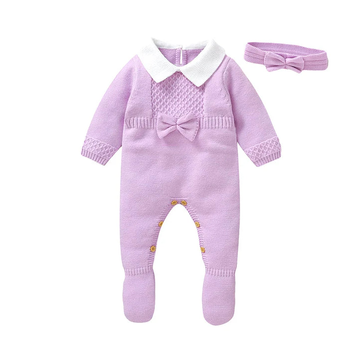 Newborn Baby Rompers Set Wrap Feet Warm Infant Girl Jumpsuit Outfits Knit Toddler Clothes Hearwear Fashion Tie 0-9M 2PC Overalls