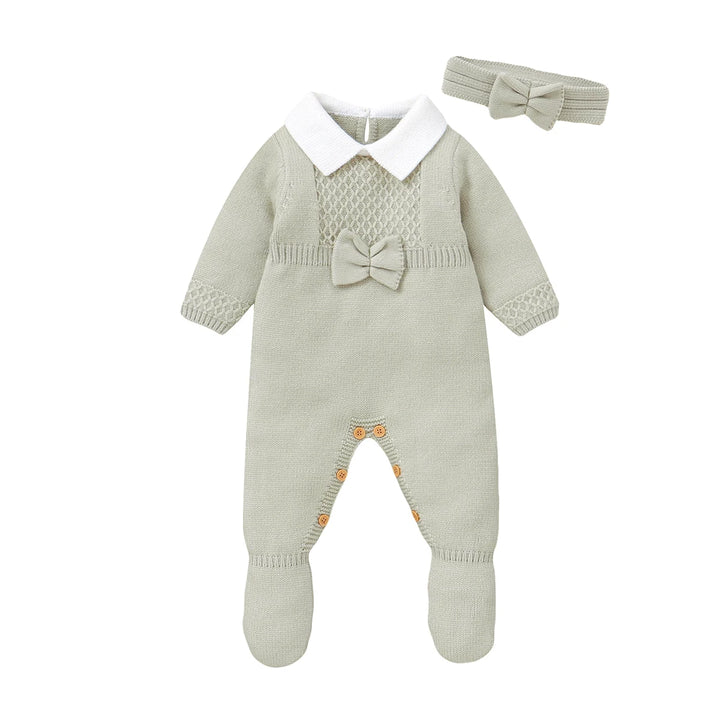 Newborn Baby Rompers Set Wrap Feet Warm Infant Girl Jumpsuit Outfits Knit Toddler Clothes Hearwear Fashion Tie 0-9M 2PC Overalls