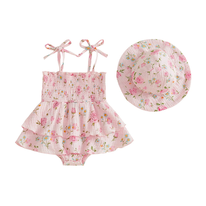 LULIVANE Floral Ruffle Romper Set with Sun Hat