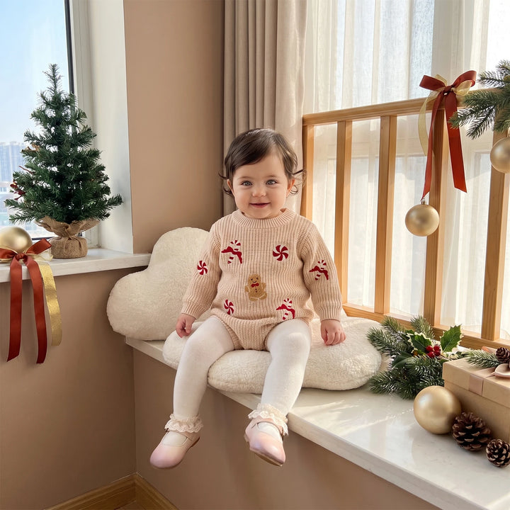 FOCUSNORM 0-18M Lovely Baby Girls Christmas Sweater Romper Candy Cane Gingerbread Man Embroidery Crew Neck Long Sleeve Jumpsuits